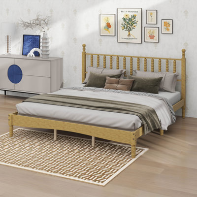 Wood Bed Frame With Retro Spindle Headboard