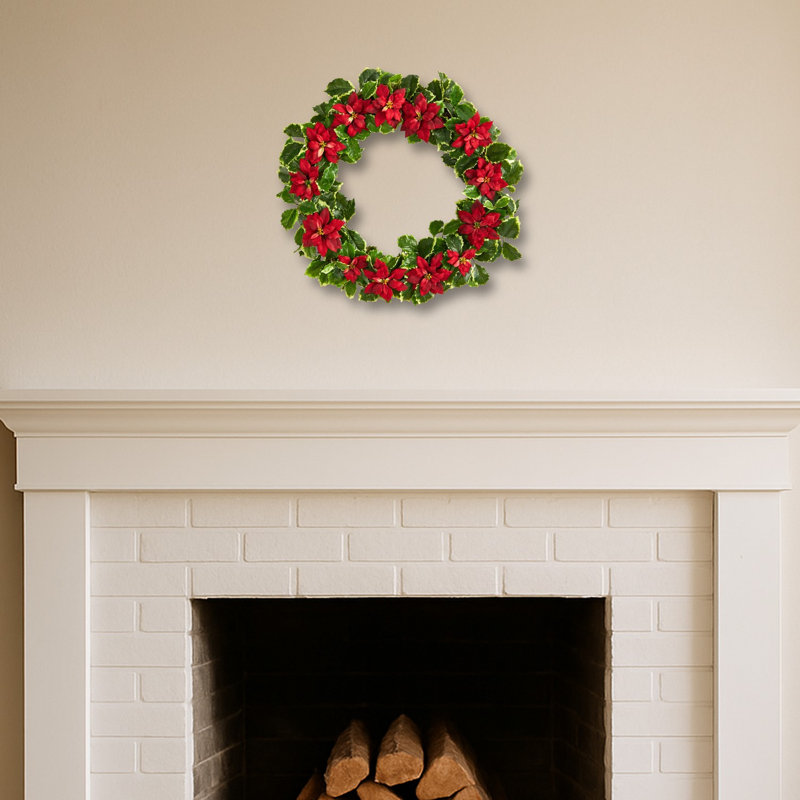 Poinsettia and Variegated Holly Christmas Wreath, Red