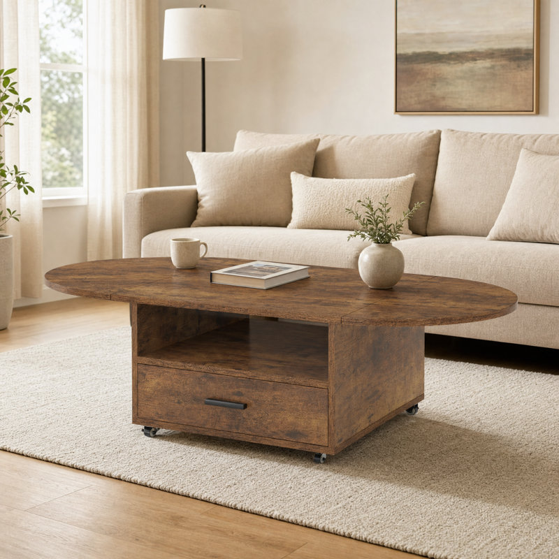Table basse ovale pliante de 120 cm avec tiroir, tablette de rangement ouverte et roulettes verrouillables, Brun