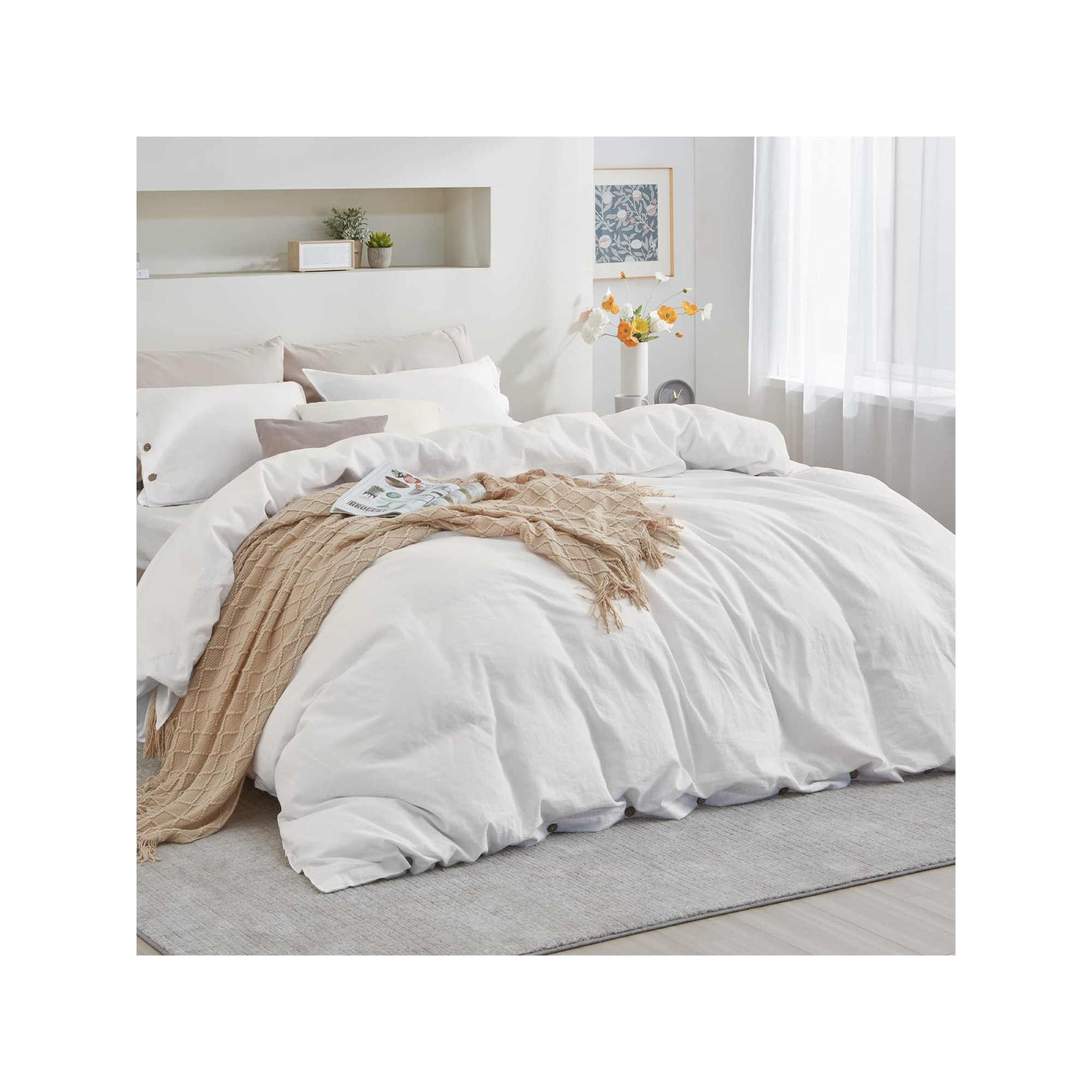 Bedsure Linen Cotton Blend Duvet Cover Set, King Duvet Cover + 2 King Pillowcases, White