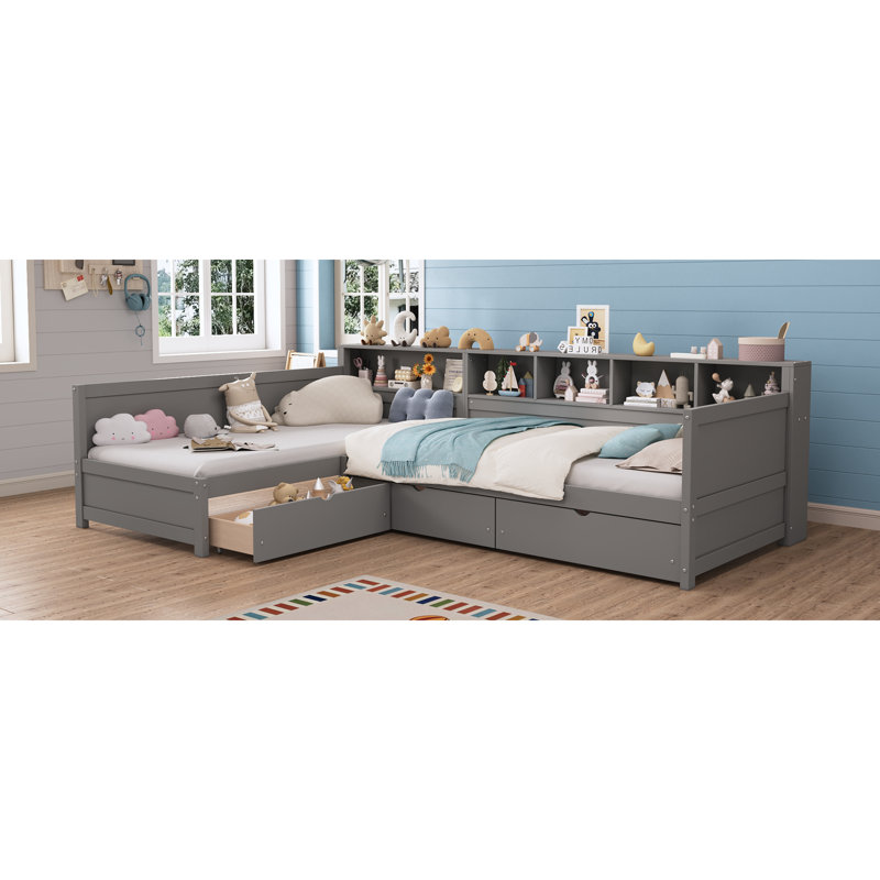 Lits simples peu encombrants avec rangement en bois, conception d'angle moderne et confortable, gris