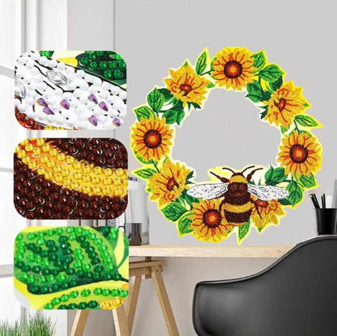 Otteridge  5D DIY Sunflower and Bee Wreath Diamond Painting Kit Crystal Rhinestone Approx 30cm x 30cm Wooden Hanging Decoration