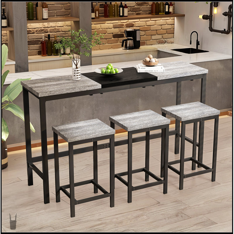 Modern Design Kitchen Dining Table Set With 3 Stools, Unique Splicing Tabletop And Space-Saving Hanging Stool Design