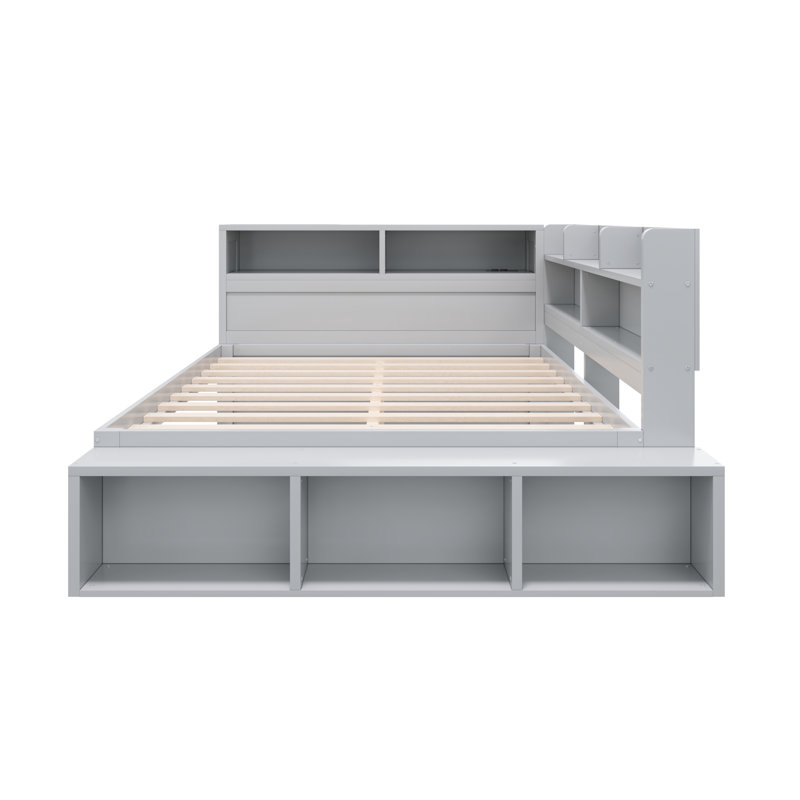Full Size Daybed with Storage Cabinets, Shoe Rack & USB Charging Station, Gray, Gray