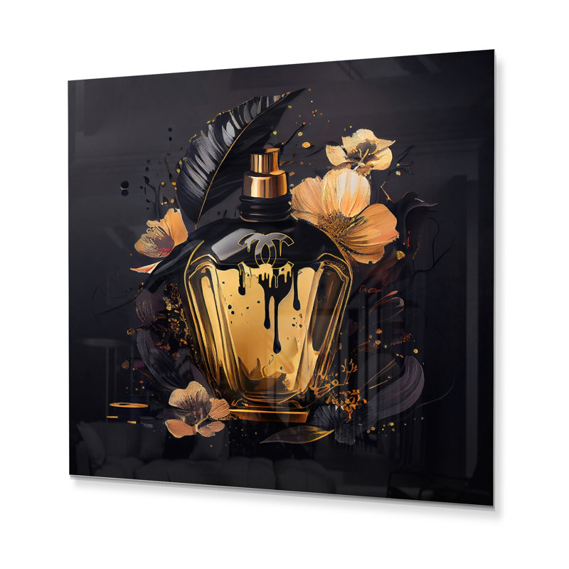 Chic bouteille de parfum noire et dorée - impression sans cadre sur métal, H 23 po x l 23 po x P 1 po