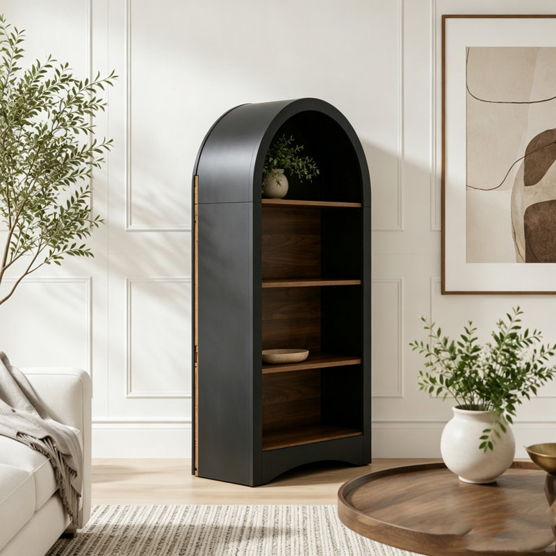 Étagère arquée à 4 niveaux - Armoire de rangement compacte avec tablettes en grain de bois, Noir / noyer foncé