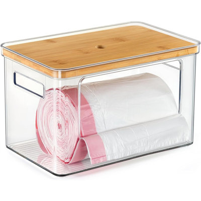 Rangement empilable avec dessus en bambou - Très grand distributeur de sacs à ordures et organisateur sous l'évier pour la salle de lavage, le garde-manger et la cuisine