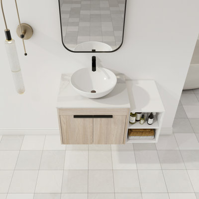 Meuble-lavabo flottant de 36 po au design moderne avec lavabo d'art en céramique, dalle de pierre plate blanche et petites tablettes de rangement, porte à fermeture douce, ensemble KD
