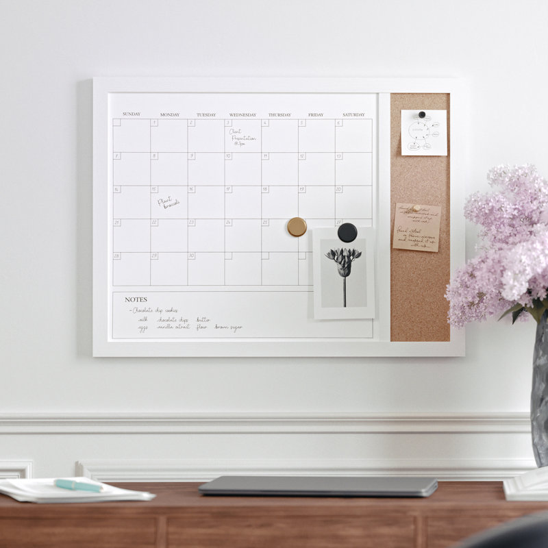 Thomas Martha Stewart Magnetic Dry Erase Monthly Calendar and Cork Board Combo with Included Marker, Magnets, White