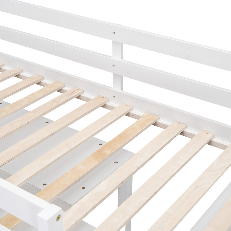 Lit mezzanine simple en bois avec bureau d'écriture rétractable, 4 tiroirs et tablettes latérales, parfait pour un usage peu encombrant et multifonctionnel