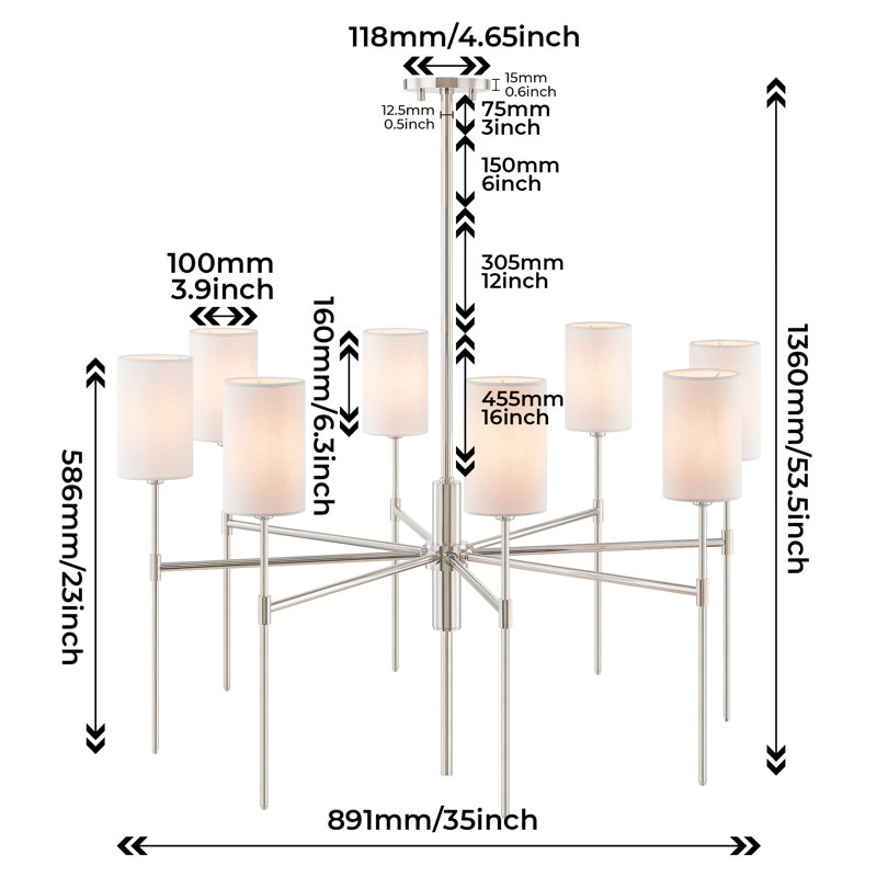 Modern Sputnik Chandelier, Polished Nickel With Linen Shades, 8-light Statement Fixture For Living Room & Dining Room, Silver