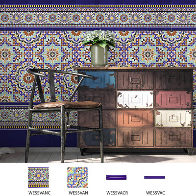 Carrelage mural en céramique bleu / rouge / vert à bordure cenefa 8 po x 8 po Sevillano