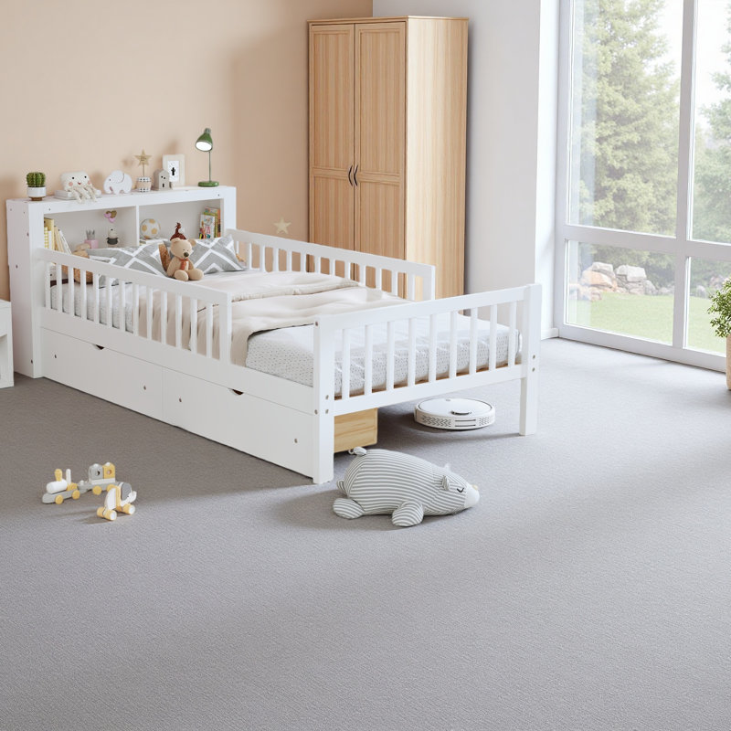 Lit simple avec support de tête de lit, deux tiroirs sous le lit, trois barrières de sécurité pour plus de sécurité, Blanc
