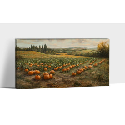 Art mural sur toile grand champ de citrouilles - automne, décoration murale, peinture d'automne rétro, art mural de l'Action de grâce pour le salon, la cuisine, impressions sur toile tendue encadrées, 24 po x 48 po
