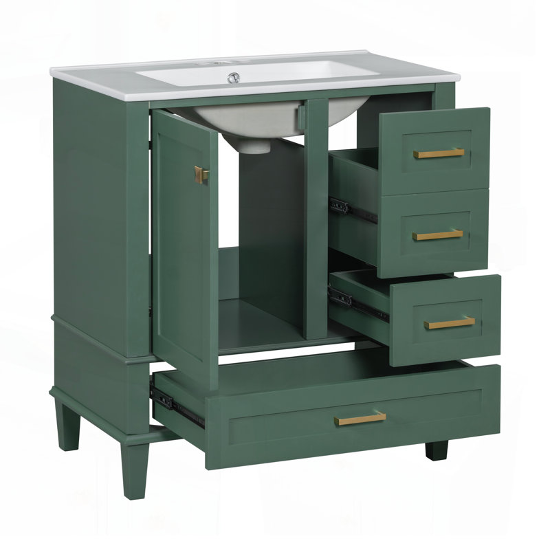 Meuble-lavabo moderne de 30 pouces avec lavabo, porte à fermeture douce et 3 tiroirs, structure en bois massif pour un rangement élégant