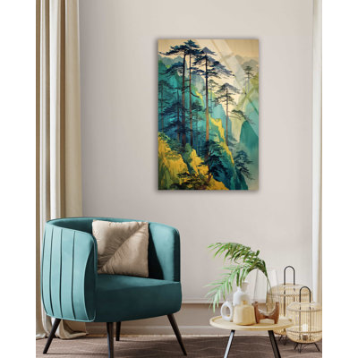 Paysage japonais montagne, peinture zen, pin, paysage, verre trempé, art mural, décor de forêt naturelle sarcelle