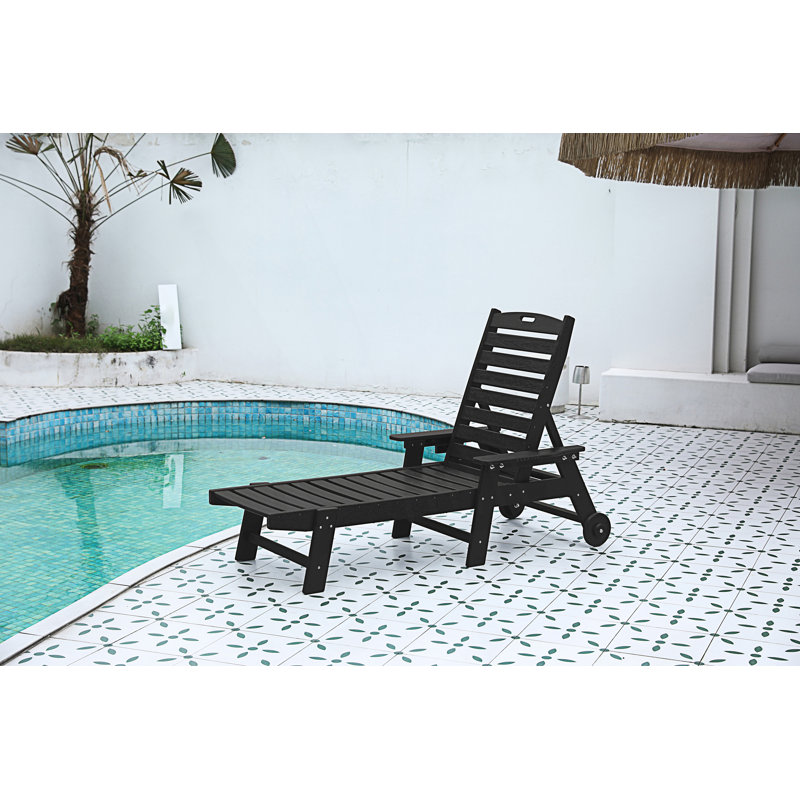 Outdoor Lounge Chair, Oversized Chaise Lounge Chair With 5 Positions, Patio Lounge Chair With Wheels & Cup Holder, Black