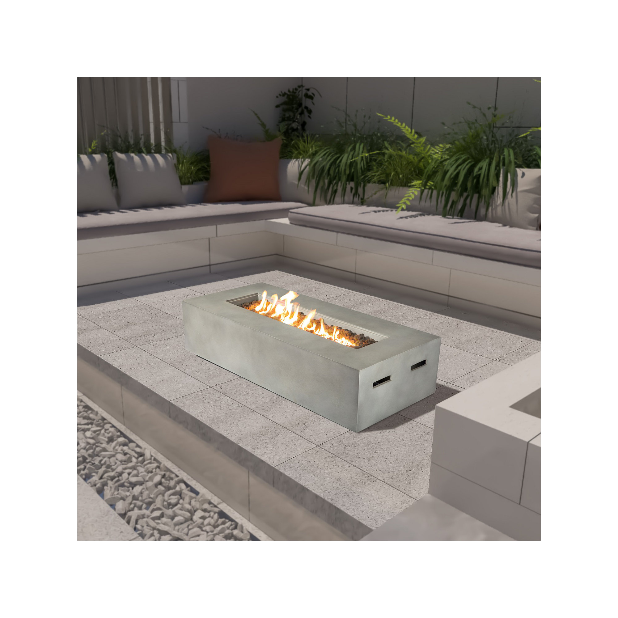 Rashid Concrete Outdoor Rectangle Fire Pit Table, Natural Concrete, 15" H x 48" W x 30" D