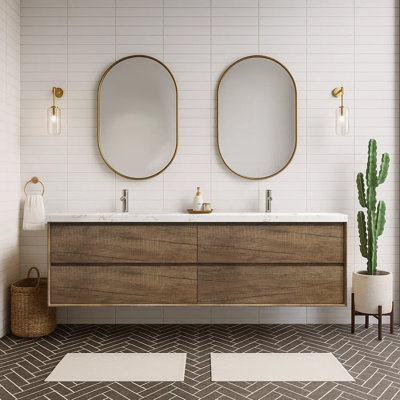 84" Wall-Mounted Double Sink Bathroom Vanity with Engineered Top, Modern Floating Design