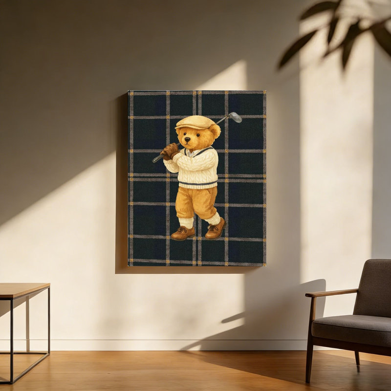«Golfing Teddy Bear», art mural encadré en bois à l'arrière, 30 x 20