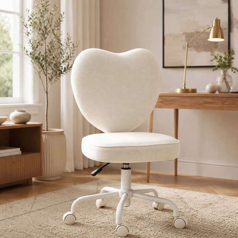 Fauteuil de bureau sans accoudoirs, coiffeuse de maquillage en tissu moderne en forme de cœur, roues pivotantes, hauteur réglable, blanc