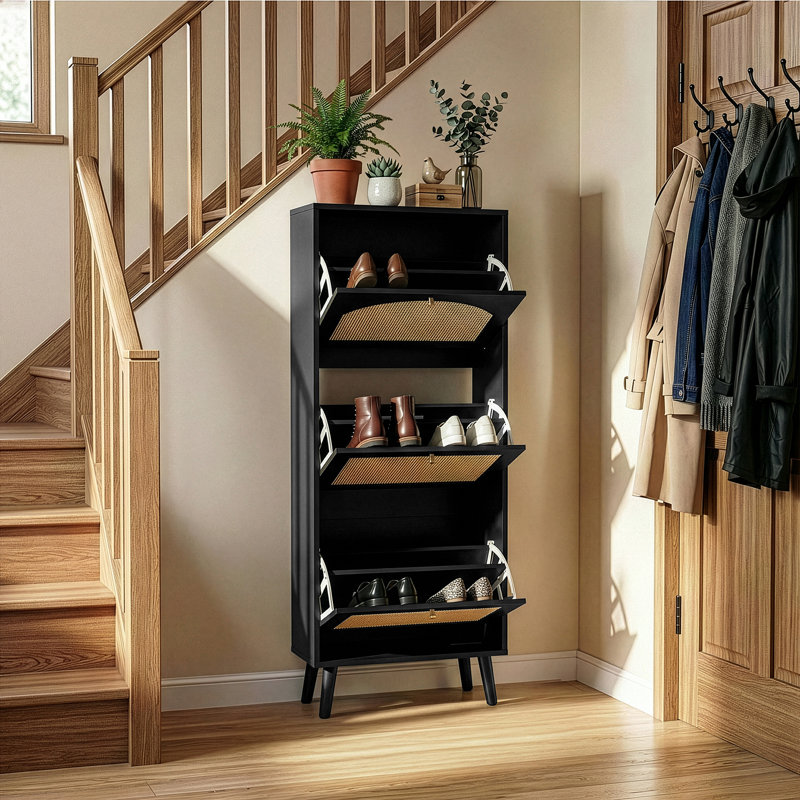 Rattan Panel 3 Flip-Drawer Shoe Cabinet 21.26" W, Black