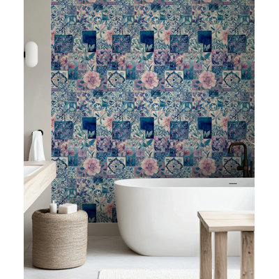 Panneau mural bleu à carreaux botaniques
