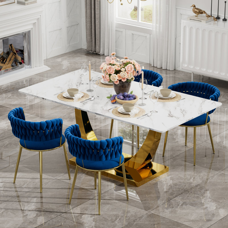 Ensemble de salle à manger à piédestal rectangulaire avec chaise de salle à manger en velours Modern Weaven, Table, 4 chaises