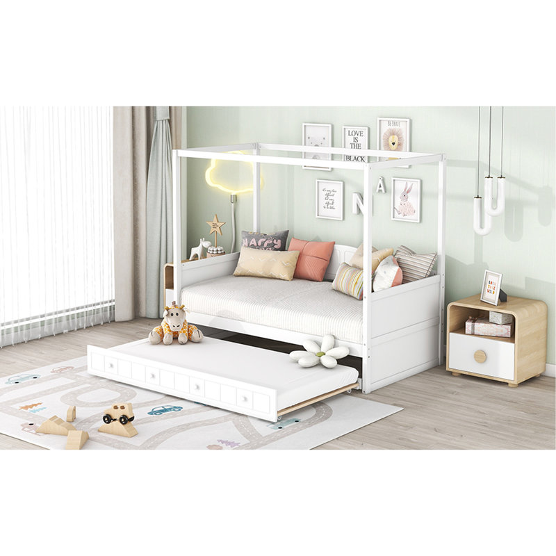 Twin Size Canopy Day Bed With Twin Size Trundle, White