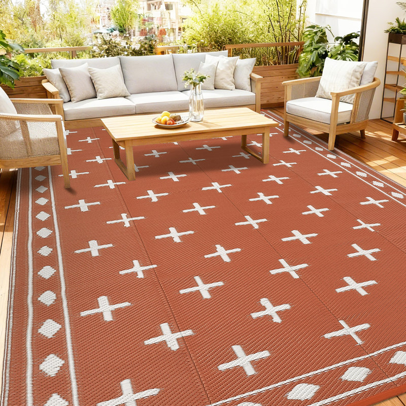 Geometric Reversible Outdoor Rug Waterproof Plastic Straw Patio Carpet for Deck, Porch, Garden, Camping, Balcony, RV, Beach, Picnic