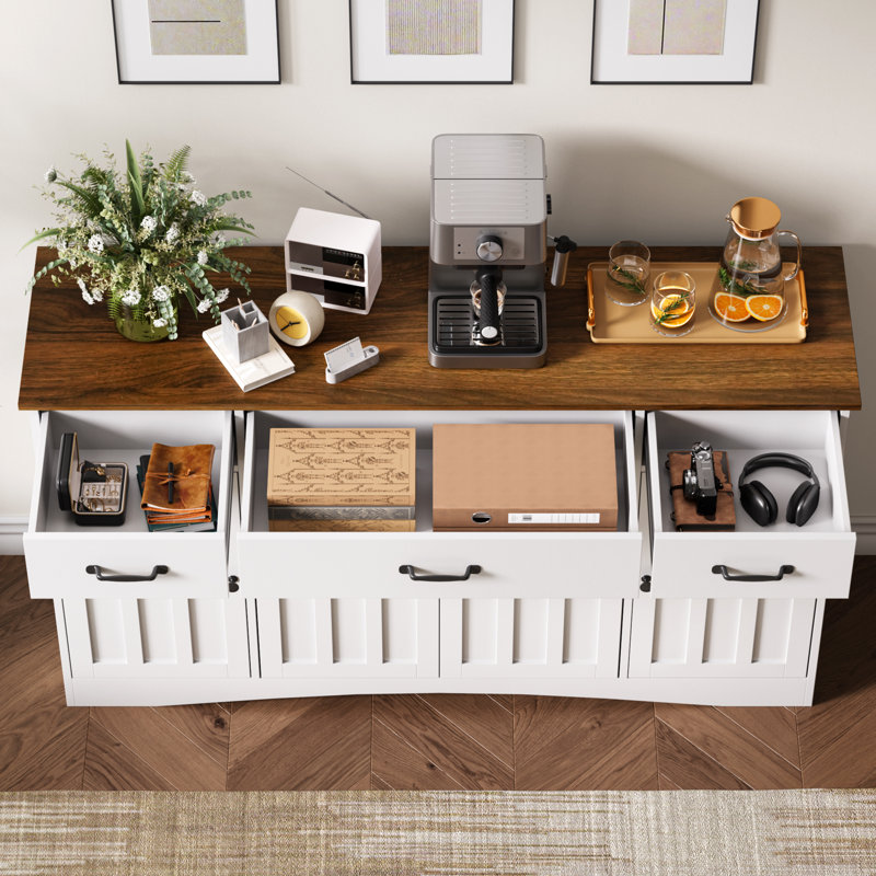 55.1W Sideboard with 3 Drawers, Adjustable Shelves and Large Drawer, Retro/White