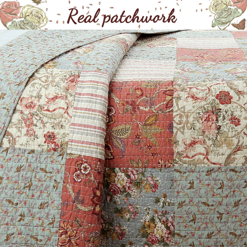 King Size Ivory Cotton Reversible Floral Patchwork Quilt Set