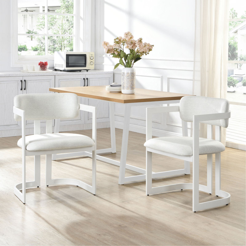 Ensemble de 2 chaises rembourrées en tissu avec structure en métal beige, capacité de poids de 265 lb, Blanc, Blanc
