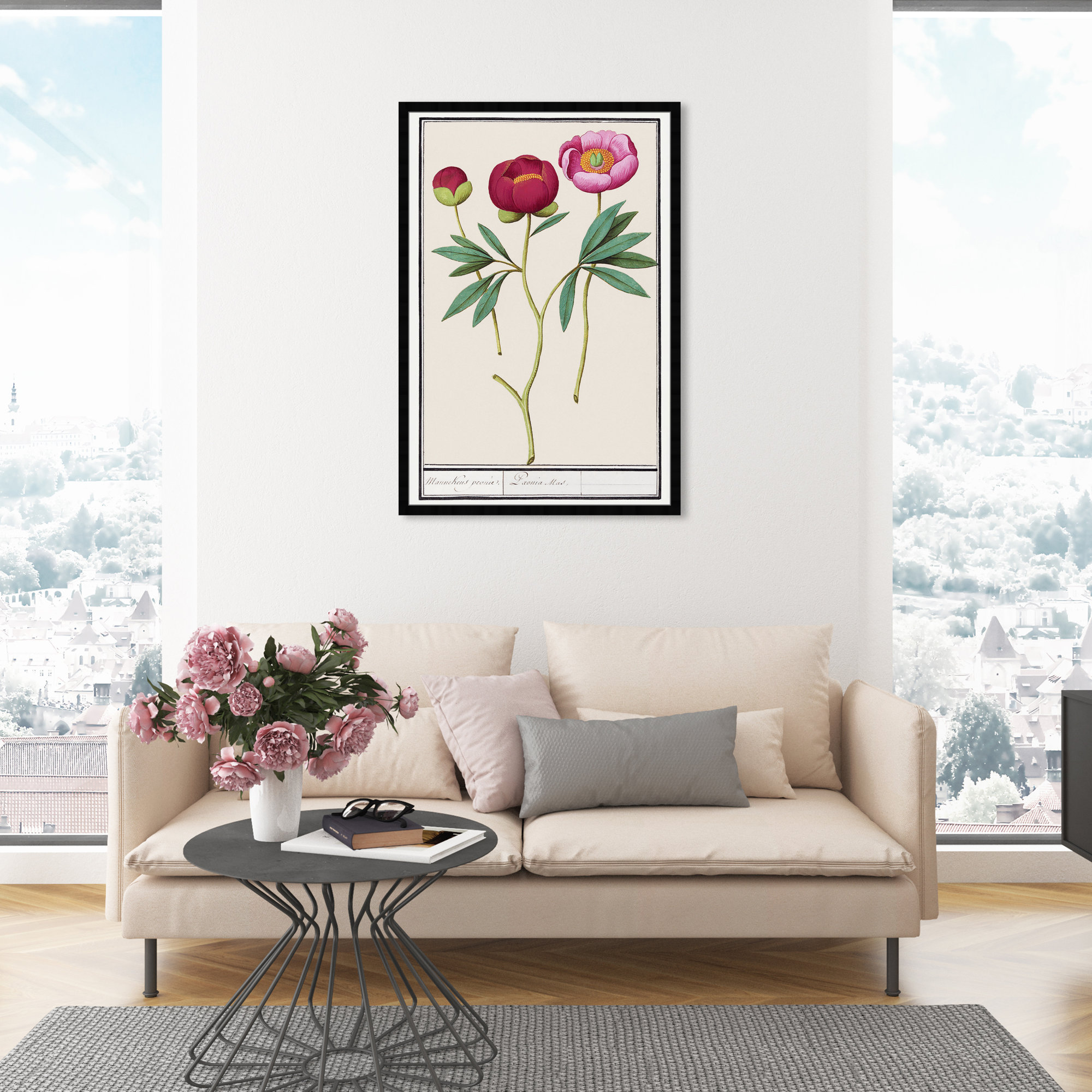 Red And Pink Peony Botanical Study by Oliver Gal, 47" H x 32" W, Black