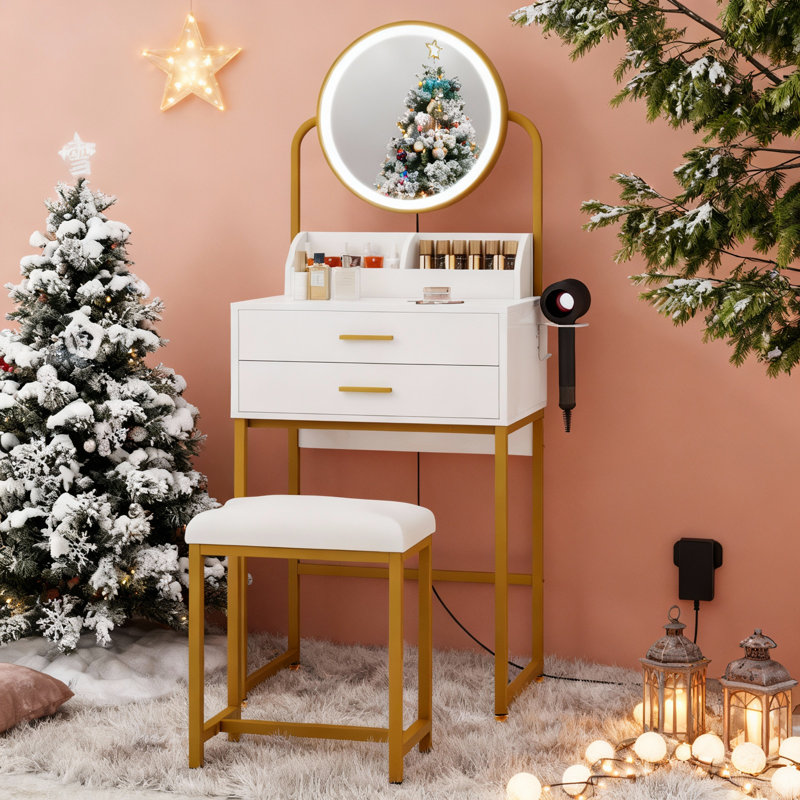 Dressing Table with LED Lighted Mirror, Makeup Vanity Desk with Stool and 2 Drawers, 55CM Desktop, Gold