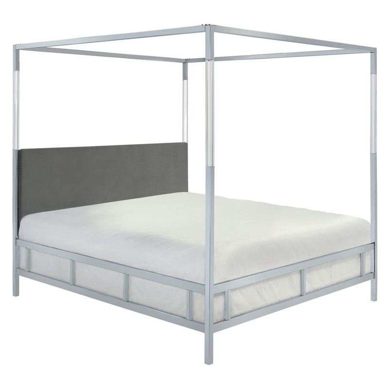 Bowdoin Upholstered Metal Canopy Bed, King, Chrome/Gray