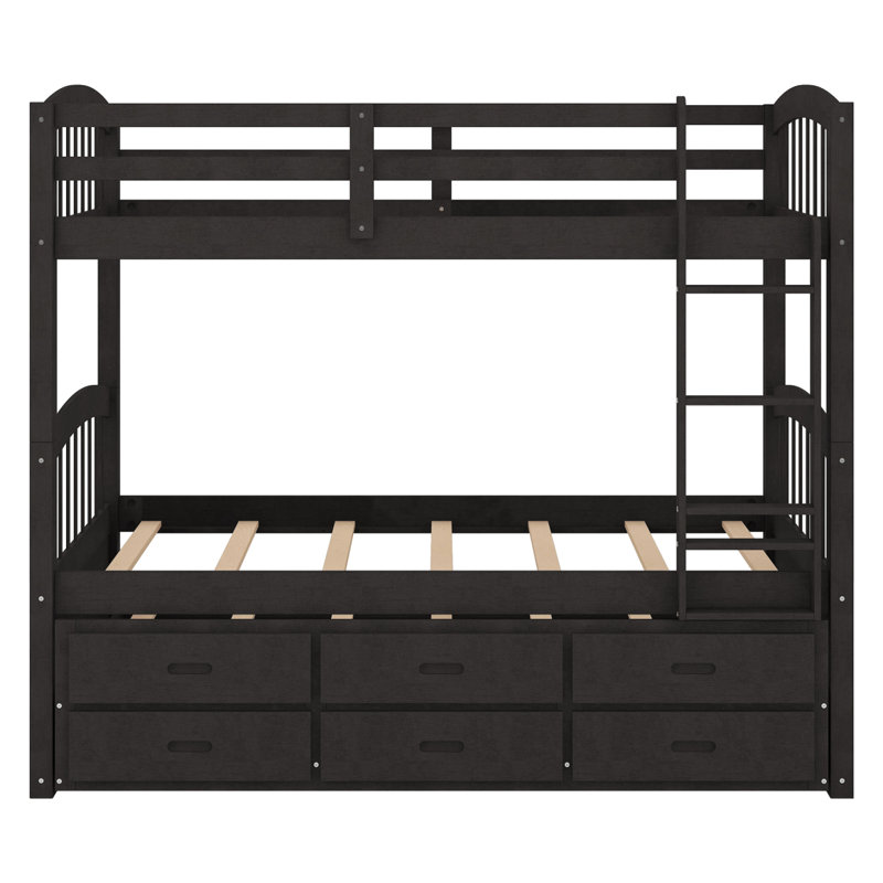 Twin Over Twin Wood Bunk Bed With Trundle And Drawers, Espresso