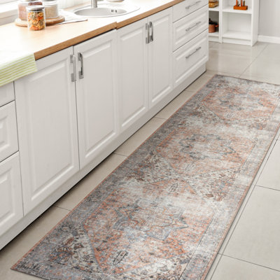 Heinfried Distressed Medallion Chenille Machine-Washable Terra/Blue Rug