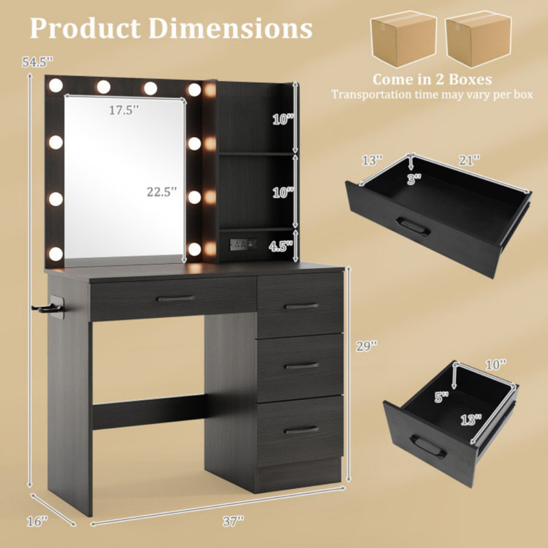 Vanity Desk with 3-Color Lights and Power Outlets, Black