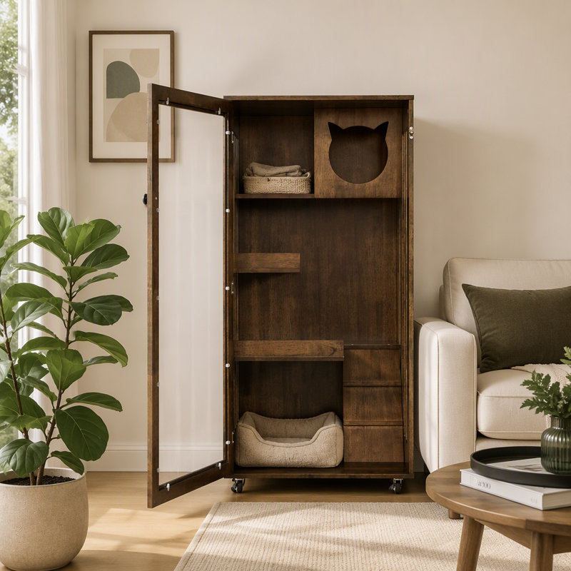 Armoire pour chat en bois d'hévéa Basia, Chêne brun