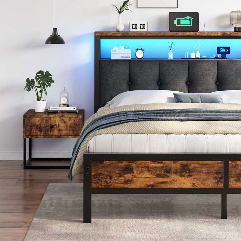 Modern Platform Bed with LED Lights, Charging Station & Under-Bed Storage,Full/Queen/King, Brown, Full