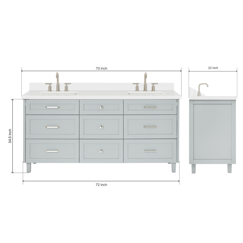 ARIEL Monroe 73 Double Sink Bathroom Vanity with Pure Quartz Top, Gray
