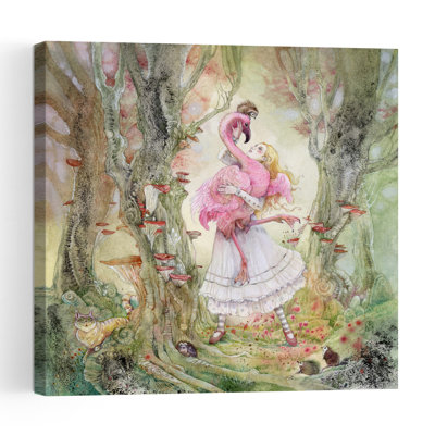 Enchanted Forest Flamingo Girl Abstract Contemporary Bird Cat Flamingo Forest Landscape Wall Art Print