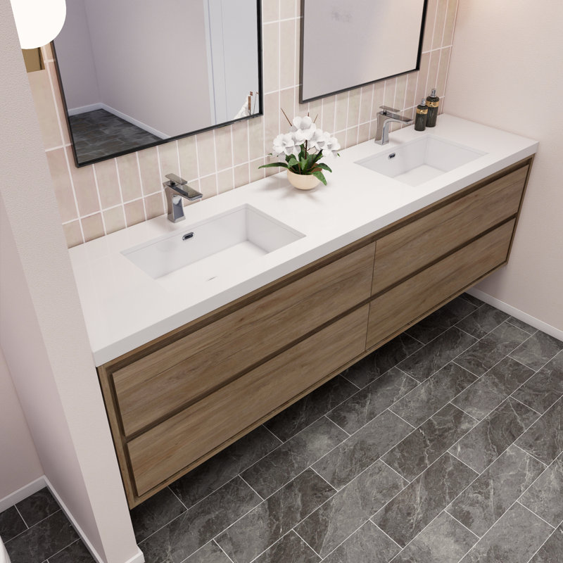 Ensemble de meuble-lavabo double mural 84 po Azden, Chêne blanc
