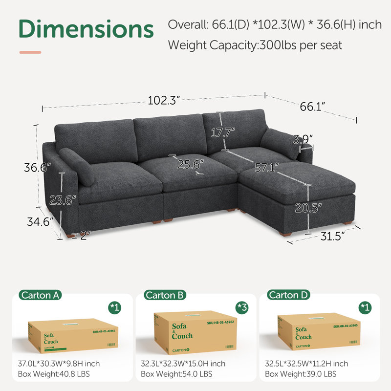 Abramson L-shaped Modular Sectional Upholstered Cloud Sofa, Gray Chenille