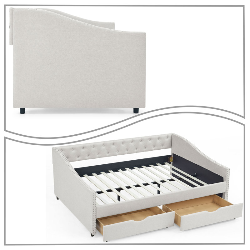 Contemporary Full Size Upholstered Daybed with Tufted Button Accents and Nailhead Trims, Beige