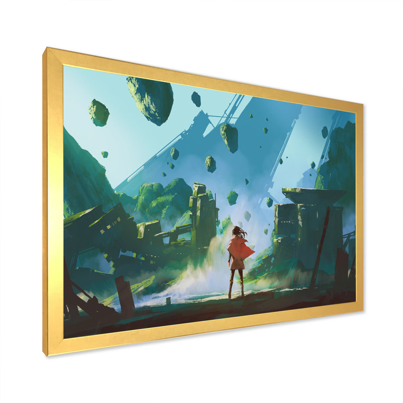 «Video Game Man Red Robe Look Ruins», peinture sur toile, H 16 po x l 32 po x P 1 po, Cadre doré à coins fermés