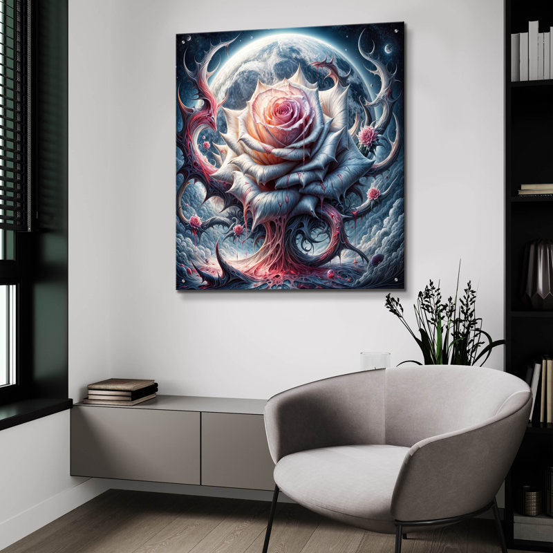 Art mural en verre épique «Moon Rose 2» par Rey Klimt, 36 po x 36 po, H 36 po x l 36 po