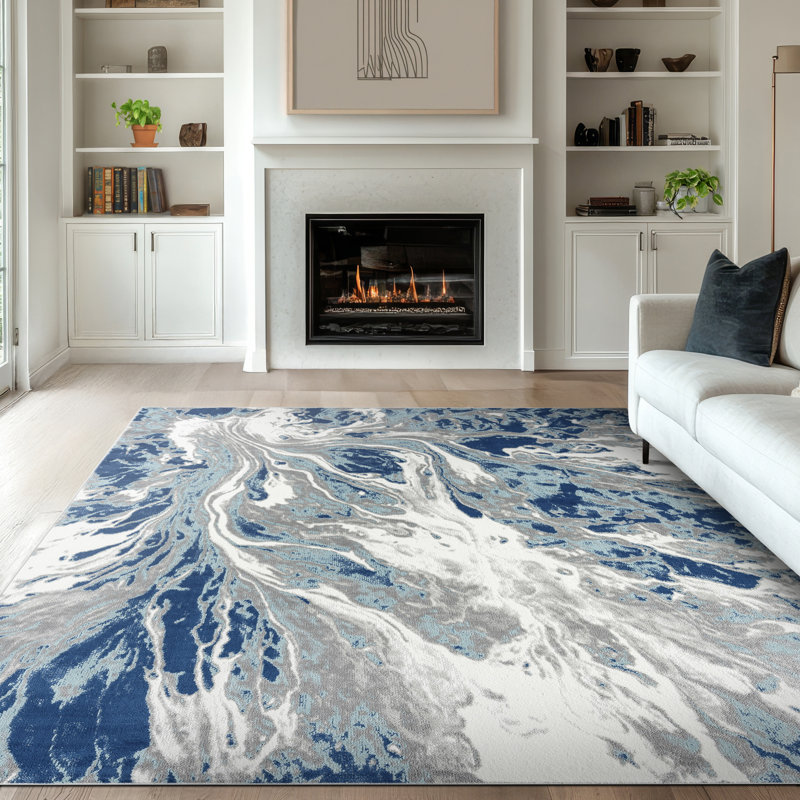 Tapis bleu abstrait Moises, Rectangle 5 pi 3 po x 7 pi 3 po