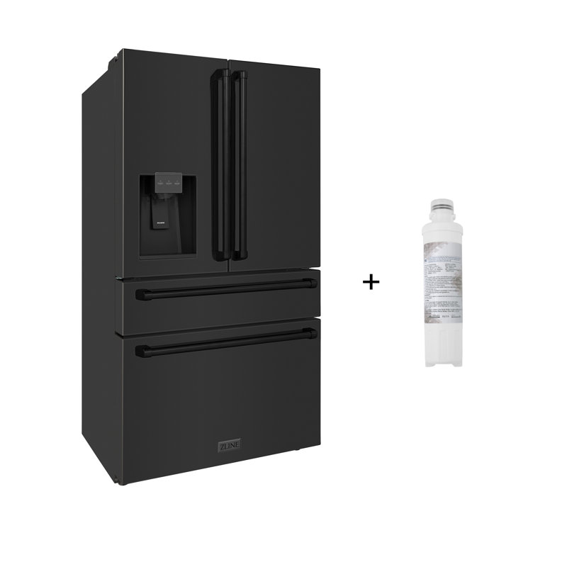 ZLINE 36" 21.6 cu. ft. 4-Door French Door Refrigerator with Water and Ice Dispenser and Water Filter, Black